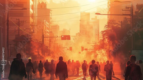 Global Warming and Health Visualize the health impacts of global warming, such as people suffering from heatwaves or respiratory issues due to poor air quality