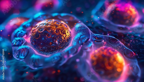 Closeup of microscopic cells in vibrant colors on a dark background, representing cuttingedge medical research
