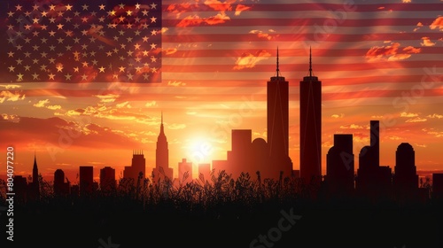 Memorial Day New York City skyline at sunset with an American flag waving in the foreground.
