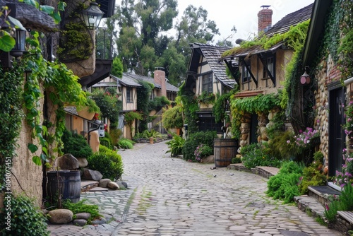 Envision a quaint village square surrounded by charming cottages, with ivy-covered walls and cobblestone streets creating a timeless, Generative AI