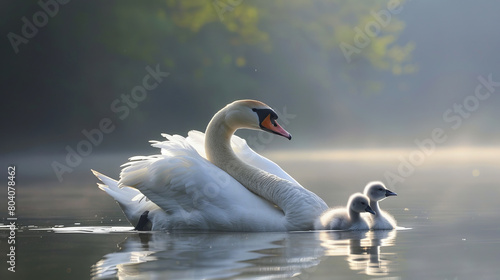 A mother swan is swimming with her two baby swans