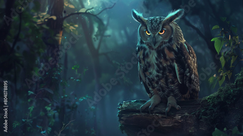 A large owl is perched on a tree branch in a dark forest