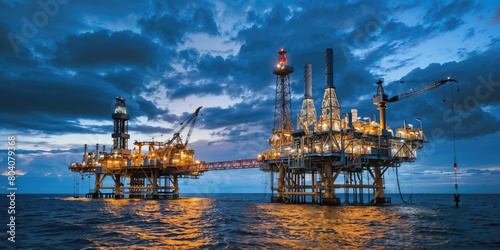 offshore oil rigs stand against the backdrop of the twilight sky over the ocean.