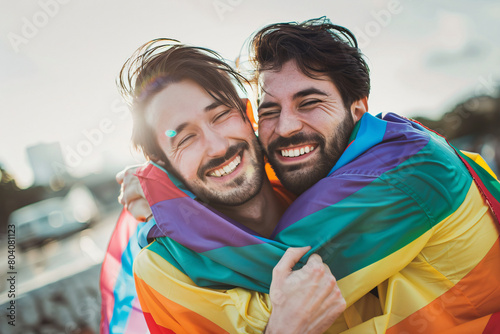 Two handsome young men hugged each other. Cover yourself with the rainbow flag