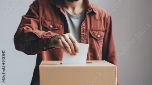 Man putting his vote into ballot box on light grey background. Generative AI