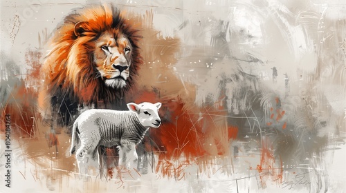 A lion and lamb standing side by side, symbolizing the symbiosis of strength in Jesus' presence. The background is an abstract painting with soft tones of gray,AI