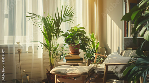 Beautiful houseplants with books on table and chair ne