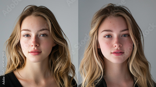 Before-and-after photos of a young woman who had a lip augmentation procedure.