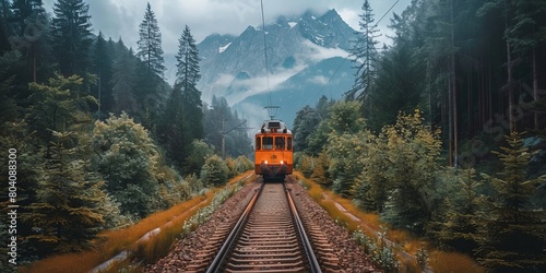 modern train driving on railroad tracks between coniferous trees and mountains under sky during summer day
