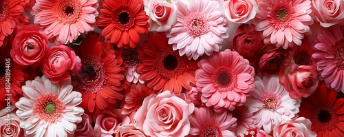background of colorful red and pink gerber flowers and roses