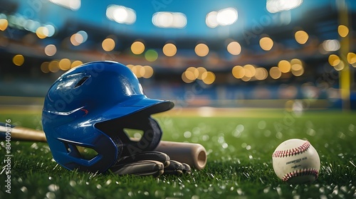 Baseball bat, batting helmet, leather glove and ball on green grass against dark background. Space for text 