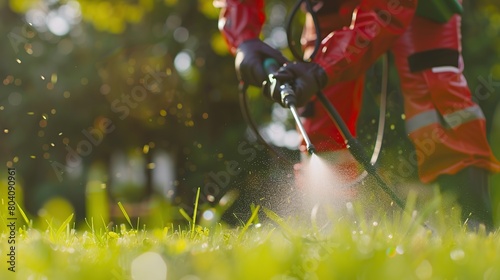Worker spraying pesticide on a green lawn outdoors for pest control: A close-up view. Concept Pesticide Application, Pest Control, Green Lawn, Close-up Shot. copy space for text.