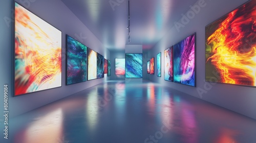 A high-resolution, digital art gallery, its walls adorned with vibrant, moving images that change and flow, set against a sleek, pure white background.