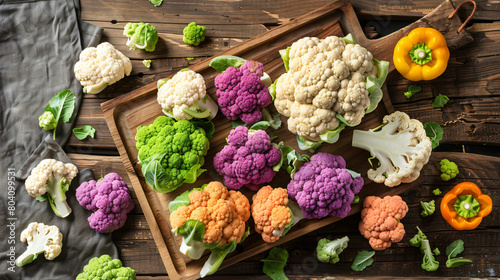 Board with colorful cauliflowers on wooden table