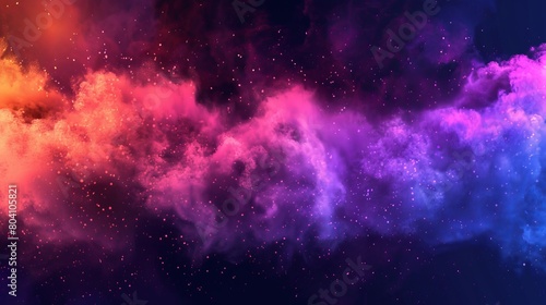 Colorful explosions of powder, dust with pink, orange, and purple particles. Modern horizontal poster with smoke clouds, paint bursts on black background.