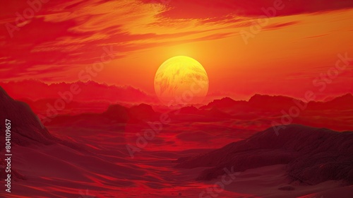 red planet with a large sun in the sky. The planet is covered in mountains and clouds. heatwave