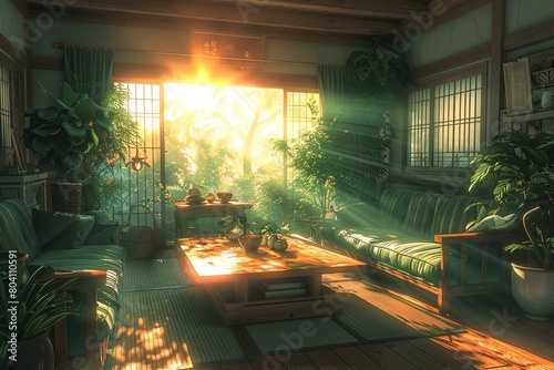 Japanese Tea Room Oasis: Tatami Mats, Low Table, and Shoji Screens Ambiance