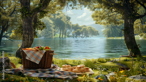 A serene picnic spot by a tranquil lake, featuring a picnic basket filled with neatly wrapped dPanini sandwiches stuffed with colorful vegetables. Ai generated