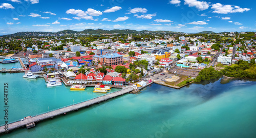 Panoramic aerial view of St. Johns, capital city of Antigua and Barbuda island, Caribbean Sea, with Redcliffe and Heritage Quay