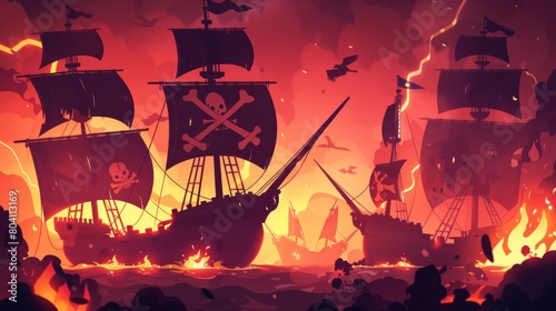 Ship battle cartoon web banner with pirate wooden boat with jolly roger flag attacking brigantine with cannon fire, corsair war, burning frigates with flames, modern illustration.