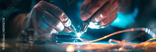 close - up of a technician splicing fiber optic cables with precision tools, illuminated by a blue light, with a blurry hand and finger visible in the foreground