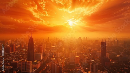 Amazing view of a big city during the sunset. heatwave