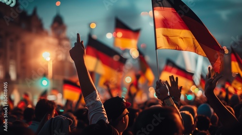 Many peoples cheering and celebrateing their victory with waving Germany flags in city