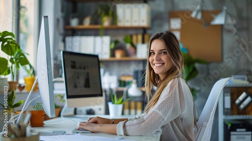 Architect woman at desk, computer screen or web design for construction firm or agency. Professional female creative with smile, portrait or working desk with research for architecture website layout