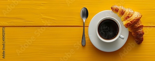 Overhead view of black coffee, spoon and croissant on yellow table