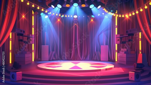A carnival tent with a round arena scene and an amusement show. A red theater curtain with a podium and spotlight. A vintage marquee platform with various performers.