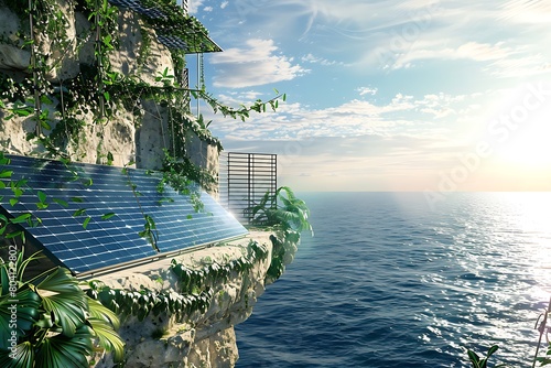 Synthetic photosynthesis panels on a cliff overlooking the sea.