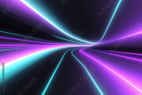 Líneas digitales de neón abstractas en el espacio oscuro, movimiento de energía multicolor brillante sobre fondo negro. Ciberespacio con estelas de luz rápidas. Concepto de tecnología.