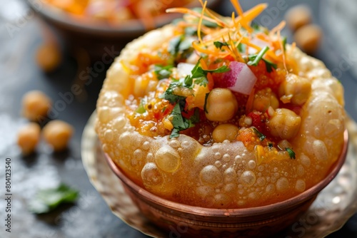 close-up shot of a single pani puri filled with spicy and tangy flavored water, mashed potatoes, chickpeas, and tamarind chutney. 