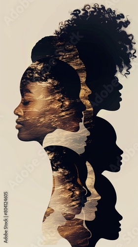 Woman face silhouette in profile with a group of African and African American women faces inside.Concept of racial equality antiracism and a woman who gives a voice to other women.