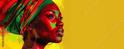 Beautiful fictional African woman with headscarf in red, green and yellow (African colors) for black history month, juneteenth or remembrance abolition