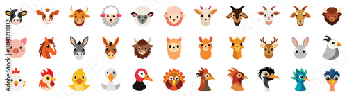 Collection of Cute Farm and domestic Animals heads Icons, vector flat cartoon illustration - cow, chicken, duck, goat, sheep, horse, pig, dog, cat, bee, llama, donkey.