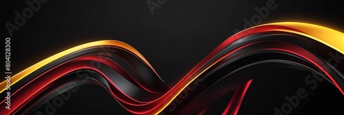 red and yellow neon glowing bright curve lines on black luxury smooth shiny metal background from Generative AI