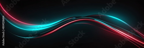 teal and red neon glowing bright curve lines on black luxury smooth shiny metal background from Generative AI