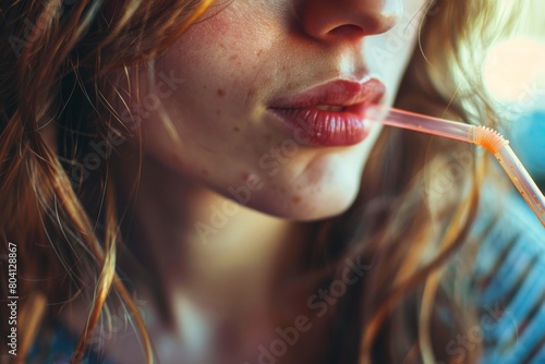 CLOSE-UP OF A WOMAN DRINKING COLA WITH A DRINKING STRAW. Beautiful simple AI generated image in 4K, unique.