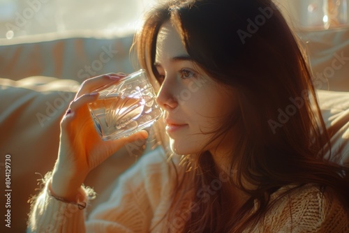 healthy eating, drinks, diet, detox and people concept - close up of woman with fruit infused water in glass bottle . Beautiful simple AI generated image in 4K, unique.