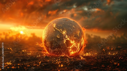 A large fireball is seen falling from the sky. It is surrounded by flames and smoke. The background is a fiery orange color.