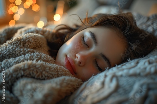 The image shows a person asleep under a fluffy cover, with softly glowing Christmas lights in the background