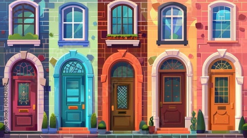 House entrance with brick jambs and window. Modern illustration set of a closed wooden colorful doorway with handle, mailbox and decorative glass frame. Home exterior element.