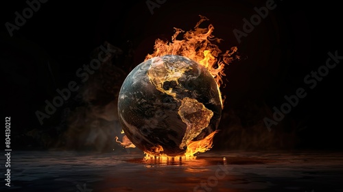 planet on fire. The planet is cracked and the flames are coming out of the cracks. The background is black.