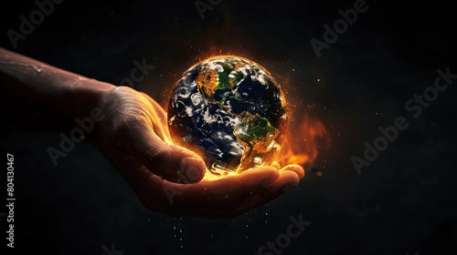hand holding a globe on fire