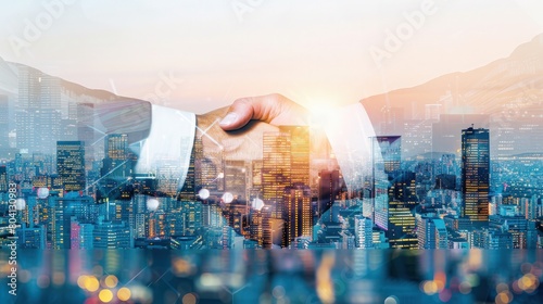 a handshake between business partners against a city skyline, symbolizing trust, growth, and the synergy of urban entrepreneurship