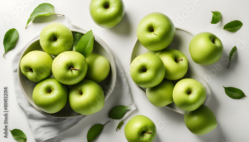 Fresh granny smith apples on white background. Top view