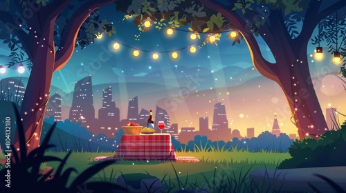 Under the lights of garlands at night, a picnic in a city park. Cartoon table with food, a bottle of wine, and snacks for a romantic date or romantic evening outdoors.