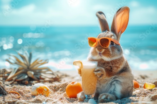 rabbit wearing sunglasses, casually enjoying a tropical drink on a sunny beach