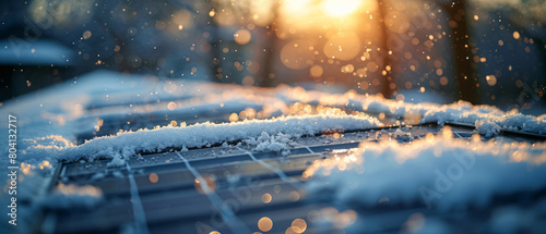 A close-up view shows photovoltaic panels on a roof covered with snow, captured with a shallow depth of field.